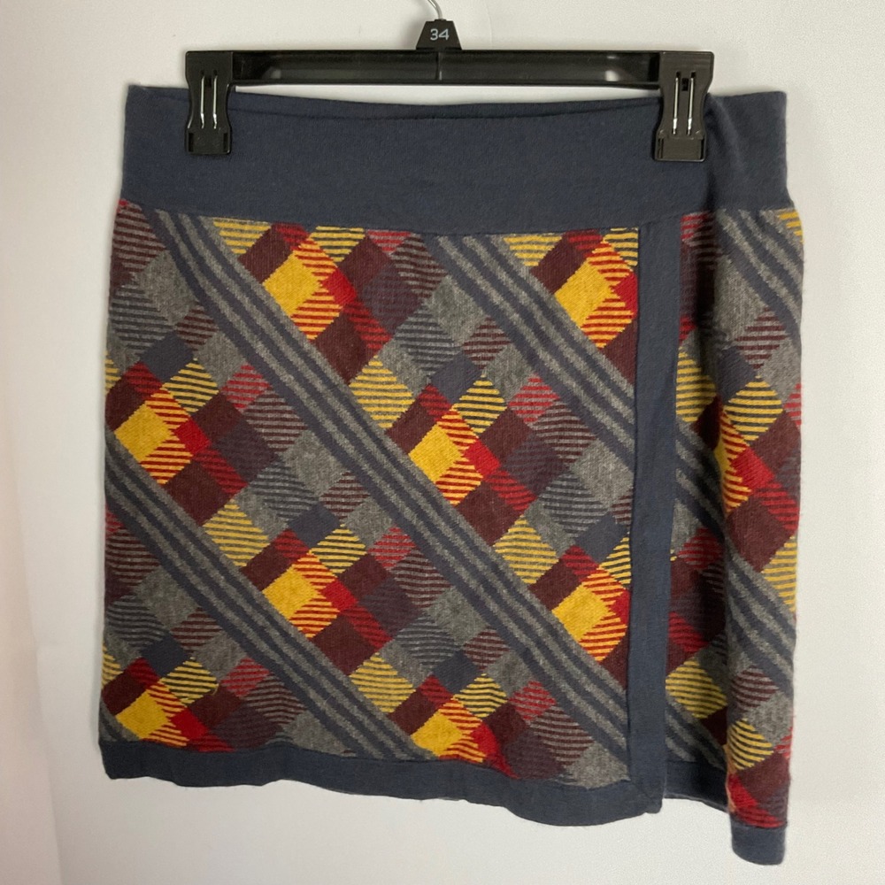 Title Nine Merino Wool Plaid Knit Mini Skirt Navy Red Yellow Size M 180976